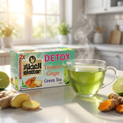 AlAttar Detox Turmeric Ginger Green Tea in 20 tea bags, featuring bright yellow turmeric, fresh ginger slices, and green tea leaves.
