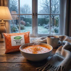 Tamara Turkish split red lentils in an 8 lb bulk bag, ideal for soups and stews, shown in a clear, close-up image.