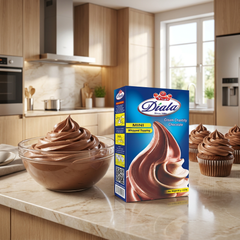Diala Chocolate Whipped Topping 65g mini cream chantilly mix packet with image of whipped topping powder and packaging.