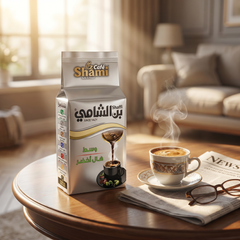 Shami Cafe Turkish Coffee medium roast with green cardamom in a 200g package, showing the coffee grounds and packaging.