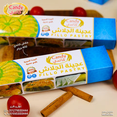 Candy premium filo pastry sheets, thin and flaky vegan-friendly phyllo dough for baklava, pies, and Mediterranean appetizers.