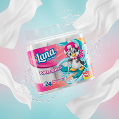 Lana 3-Ply Toilet Paper 24 soft compressed rolls stacked, showing white, plush, multi-ply bathroom tissue for household use.