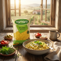 Tamara Yellow Bulgur Extra Coarse #4 in 2lb bag, authentic whole grain with yellow-colored bulgur grains on a white background.