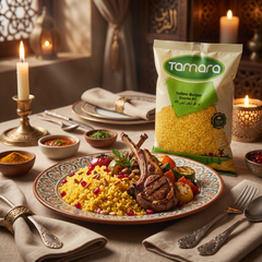 Tamara Yellow Bulgur Coarse #3, authentic Mediterranean grain, 2lb package, showing yellow coarse bulgur in a clear bowl.