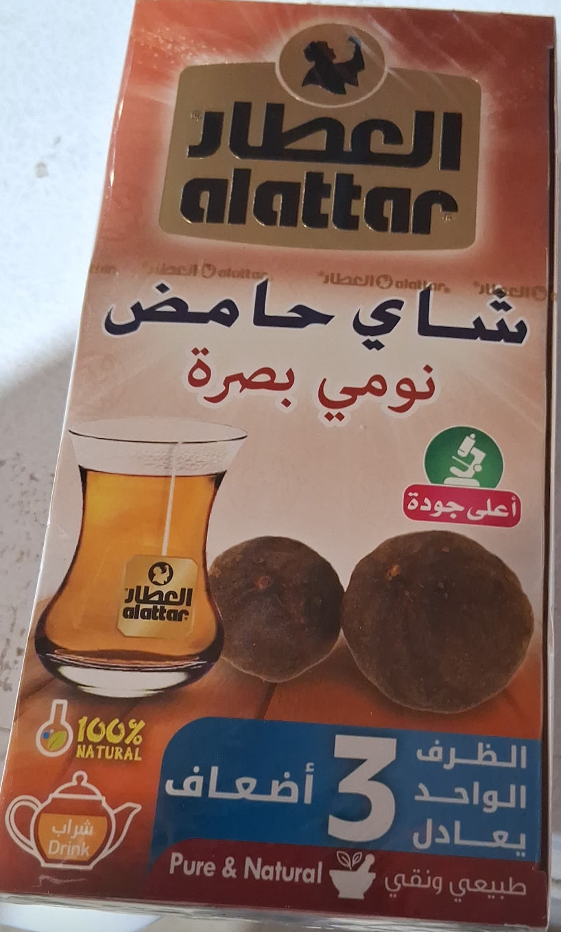 Al-Attar Basra dried lime tea bags, tangy Loomi infusion, 20 bags, 30g package with dried lime slices and tea ingredients.