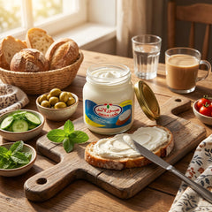 Obour Land creamy cheese spread bundle with Mafrouda squeeze pouches, 500g jar, and 240g cup, showcasing Middle Eastern processed cheese.