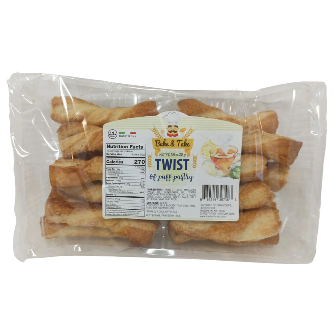 Bake & Take Puff Pastry Twists 12-pack, sweet Italian snack with golden baked pastry twists on a white plate.