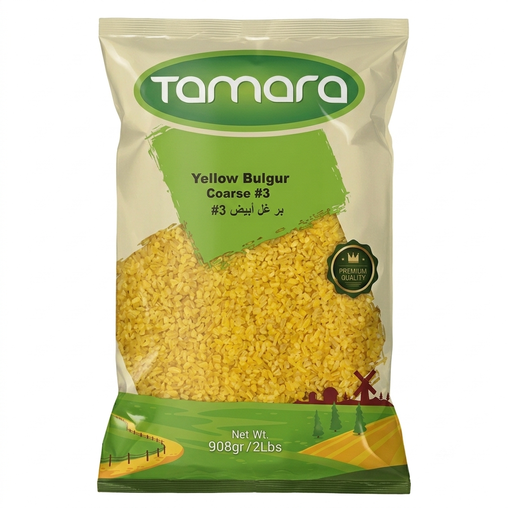 Coarse yellow bulgur grain in a 2lb Tamara package, authentic Mediterranean style, with textured yellow grains displayed.
