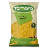 Coarse yellow bulgur grain in a 2lb Tamara package, authentic Mediterranean style, with textured yellow grains displayed.
