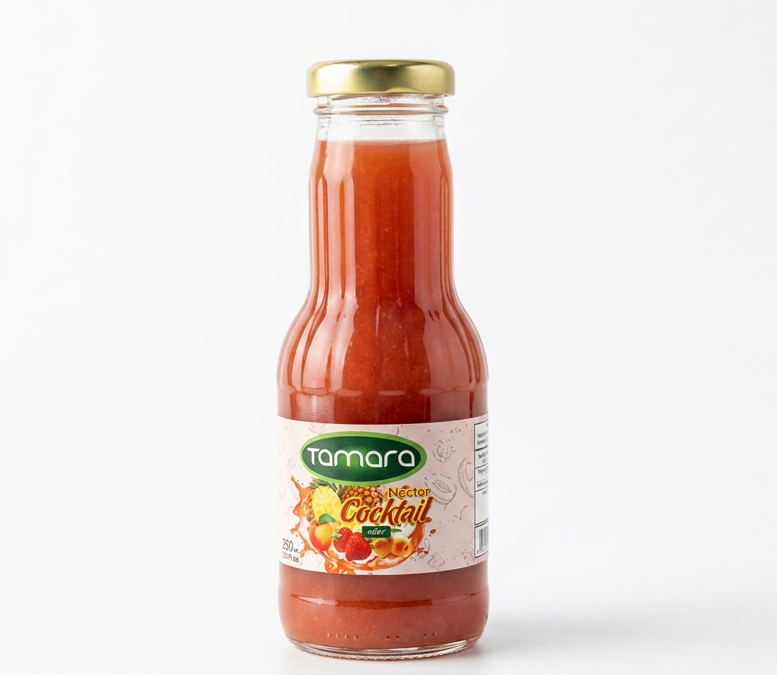 Tamara Cocktail Nectar 250ml mixed fruit juice in a clear bottle with vibrant fruit images on the label.