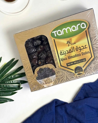Tamara Ajwa Almadina Dates in a 500g box, showcasing glossy, dark Saudi Arabian dates, natural and high fiber superfood snack
