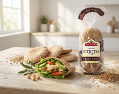 Toufayan Whole Wheat Pitettes, vegan pita bread loaves for snacks and dips, hearth-baked, 8 oz, 8 loaves in package