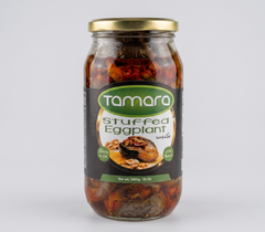 Tamara Stuffed Eggplant Makdous 1000g, natural ready-to-eat mezza with eggplants, walnuts, and spices in glass jar.