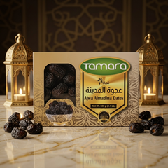 Tamara Ajwa Almadina Dates in a 500g box, high fiber, natural Saudi Arabian premium dates, no added sugar, healthy superfood snack