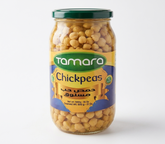 Tamara boiled chickpeas in a 1000g glass jar, ideal for salads and hummus, with visible chickpeas inside the jar.