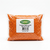 Bag of Tamara Turkish Split Red Lentils for soups and stews, showing vibrant red lentils in an 8 lb bulk package.