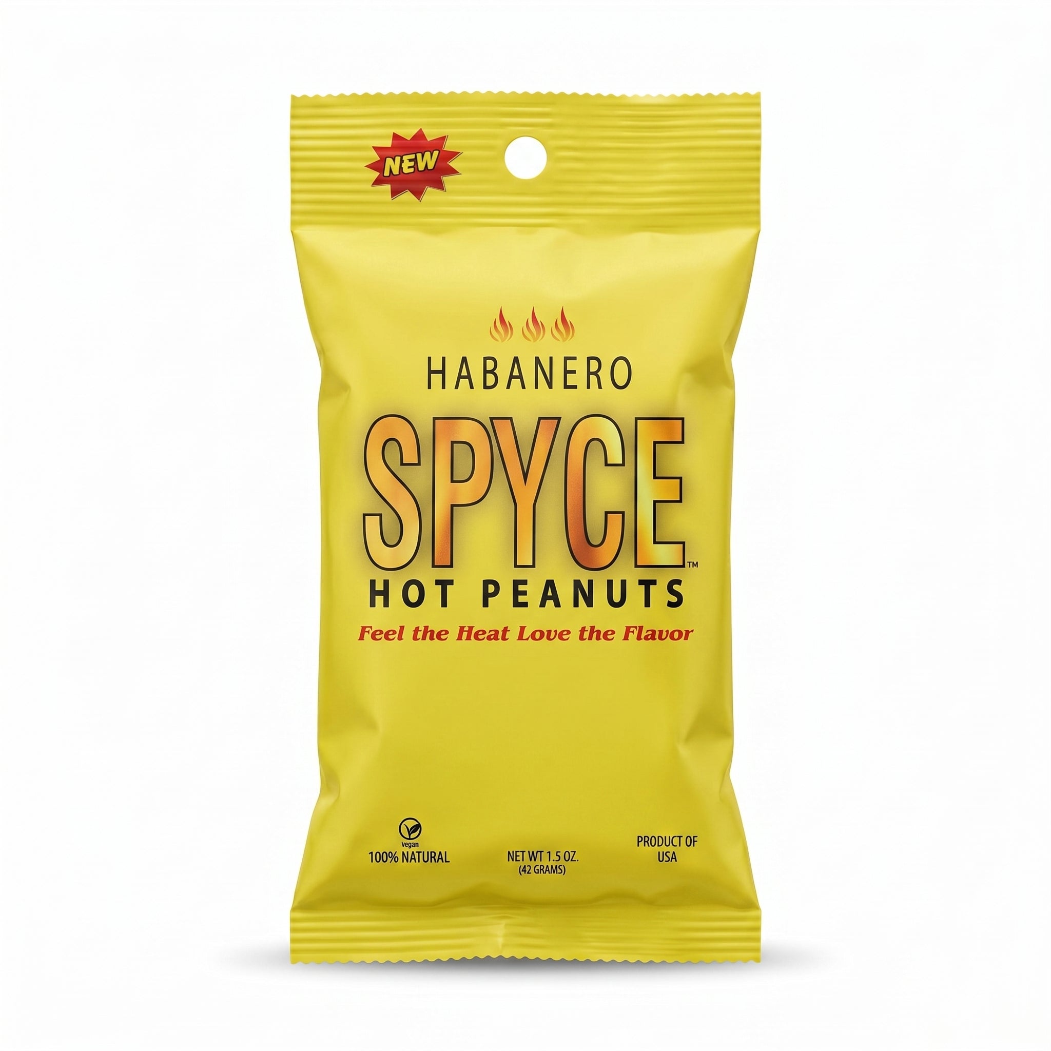 Spyce Habanero hot peanuts in a 1.5 oz bag, featuring spicy, bold flavor and natural vegan ingredients, with intense heat.