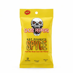 Spice Ghost Peppers hot peanuts in a 1.5 oz bag, featuring roasted, naturally spicy gourmet nuts with intense heat and flavor.