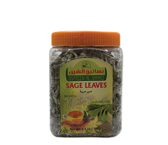 Dried sage leaves from Bsateen Al Sharq, natural herb for tea, shown as green leaves in a 3.5oz package.