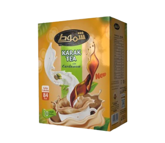 Shmookh Karak Tea sticks with cardamom and instant milk, by Coffee:Shammout, showing the tea sticks package with cardamom pods.
