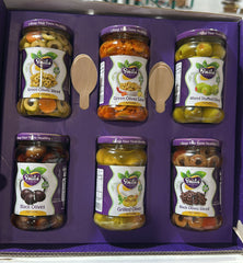 Smile Gourmet Olive Gift Box – 6 Varieties of Natural Olives (Green, Black, Stuffed, Grilled & Salad) – Non-GMO, 6 × 300g