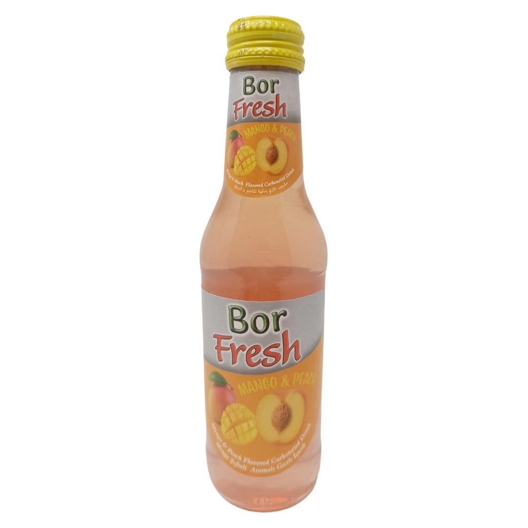 Bor fresh Mango & Peach Flavored Carbonated Drink, 200ml Glass Bottle, Vitamin C Enriched Sparkling Fruit Soda, Made with Beetroot Sugar, Refreshing Cold Beverage - SANI-LLC
