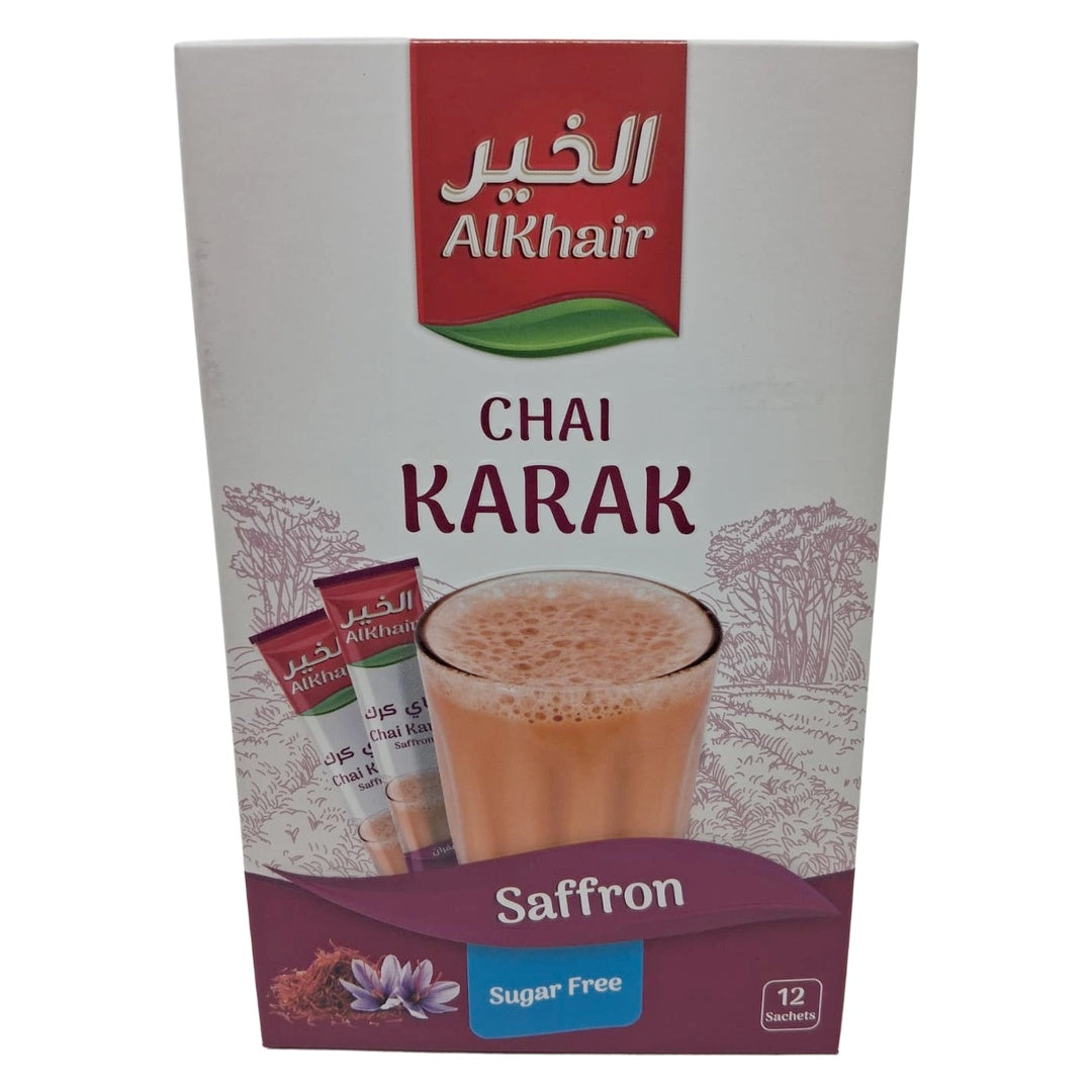 AlKhair Chai Karak Saffron Sugar-Free Instant Tea Mix, 12 Sachets (180g), Authentic Saudi Arabian Spiced Milk Tea with Natural Cardamom, Low Calorie & Keto Friendly - SANI-LLC