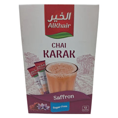 AlKhair Chai Karak Saffron Sugar-Free Instant Tea Mix, 12 Sachets (180g), Authentic Saudi Arabian Spiced Milk Tea with Natural Cardamom, Low Calorie & Keto Friendly - SANI-LLC