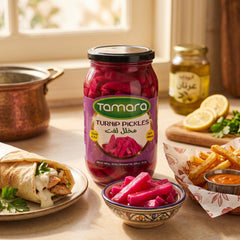 Tamara 1000g jar of natural turnip pickles, ideal for authentic shawarma, with fresh, crunchy turnips in a clear glass jar.