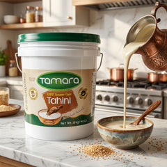 Tamara 100% pure tahini sesame paste in large 18kg (40lb) bulk container, ideal for food service use.