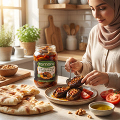 Tamara Stuffed Eggplant Makdous in 1000g jar, ready-to-eat Middle Eastern grocery mezza with preserved eggplant and spices.