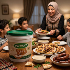 Tamara 100% pure tahini in a large 18kg bulk container, sesame paste for food service, with a smooth, creamy texture.