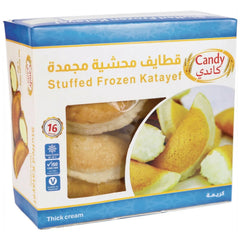 Candy brand frozen Katayef with thick cream filling, 16 pieces, authentic Middle Eastern sweet pancakes for Ramadan dessert.