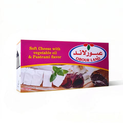 Obour Land soft cheese with pastrami flavor, 250g spreadable creamy cheese for breakfast, snacks, and gourmet sandwiches.