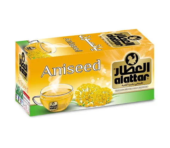 AlAttar Alattar Aniseed Herbal Tea in a clear glass cup, showcasing its light golden color and fresh herbal appearance.