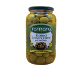 Tamara Baladi green olives in a 45oz jar, natural Mediterranean snack, showcasing fresh green olives in clear jar