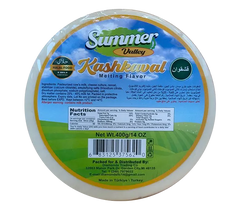 Summer Valley Kashkaval cheese 14oz Halal melting cheese for cooking, displayed in a clear package with a white background.