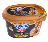 Almarai Sam Meratari Parmesan Cream Cheese Spread tub with creamy cheese and Parmesan flavor, showcasing the product packaging.