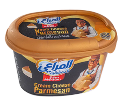 Almarai Sam Meratari Parmesan Cream Cheese Spread tub with creamy cheese and Parmesan flavor, showcasing the product packaging.