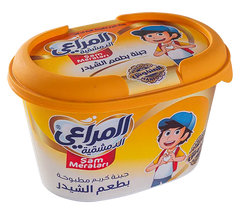 Almarai Sam Meraları Cheddar Cheese Spread tub with creamy texture, ideal for snacks and spreading on bread or crackers.