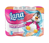 Lana Tex Roll toilet paper 6-pack, 3-ply compressed for home use, showing soft, white toilet paper rolls stacked together.
