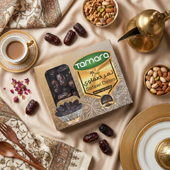 Tamara Premium Safawi Dates in a 1 kg box, soft, chewy, natural Saudi Arabian superfood snack with high fiber and no added sugar.