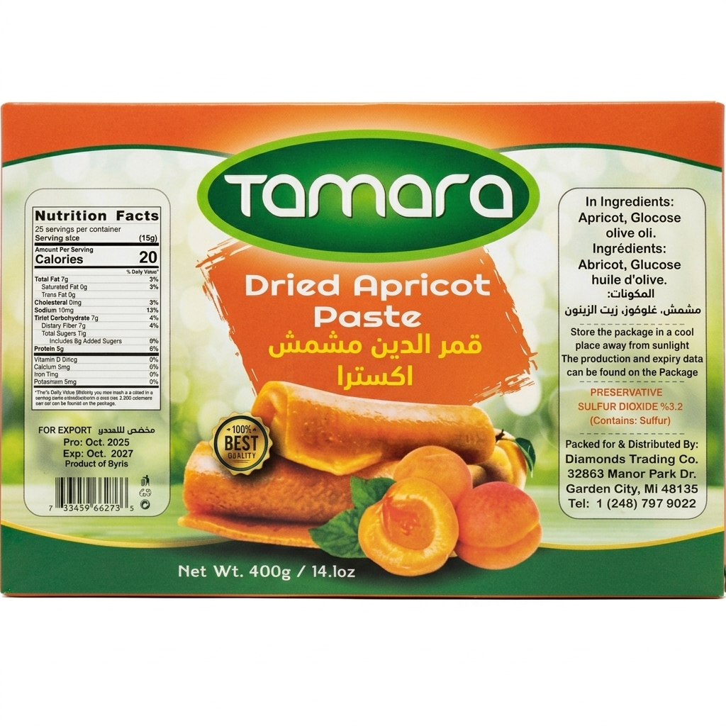 Tamara dried apricot paste and Qamar al-Din fruit leather sheet in a 400g package with apricots and fruit leather visible.