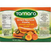 Tamara dried apricot paste and Qamar al-Din fruit leather sheet in a 400g package with apricots and fruit leather visible.