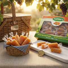 Tamara dried apricot paste rolls, 750g, individually wrapped apricot snack with vibrant orange color and soft texture.