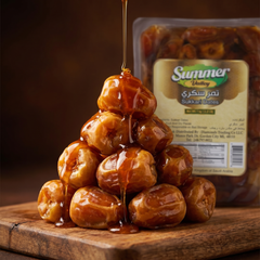 Tray of Summer Valley Premium Sukkari Dates with soft, caramel flavor, high fiber, non-GMO, authentic Saudi Arabian dates.