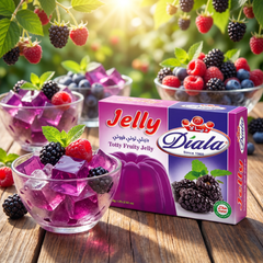 Diala Totty Fruity Jelly Halal dessert mix in 80g package with colorful fruit-flavored jelly cubes and gelatin powder.