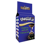 Shami Cafe Turkish Coffee 200g with extra green cardamom, showing a blue coffee package with coffee beans and cardamom pods.