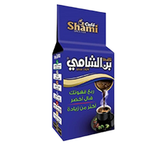 Shami Cafe Turkish Coffee 200g with extra green cardamom, showing a blue coffee package with coffee beans and cardamom pods.