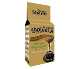 Shami Cafe Café Shami Turkish Coffee with green cardamom, featuring golden packaging and a traditional coffee blend.